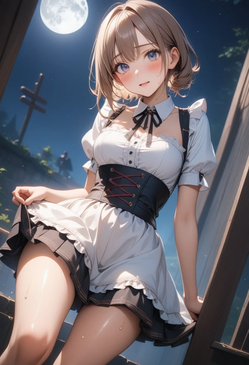 (dirndl), ((skirt)), ((pantyhose)), ((Shiny Costumes)), skindentation, skinny, solo, 1 woman, Masterpiece, highest quality, highest quality, 16K, incredibly absurd, highly detailed, 2.5D, ai-generated, delicate and dynamic, very delicate facial expressions, delicate eye depiction, erotic, only sexy woman, ((A cute and kind face)), healthy figure, ((25-year-old woman)), 160cm tall, medium firm swaying bust, , blush, Sweat,Embarrassed,sexy, ((thin thighs)), (camel toe:0.7), (visible nipples:0.3), (Erect nipples,:0.7), shiny and lustrous, facing straight at viewer, (((in heat))), ((Oily_skin)),, ((dutch angle)), ((erotic pose)), , (((A woman making a confession under the moonlight))),, ((sit)),