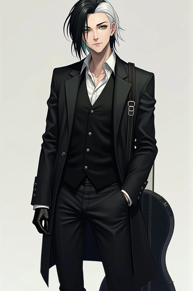 Man with straight black hair with white highlights with a gradient cut style, greeneyes, he wears a black vest underneath a black blazer with sleeves, on his hands he wears black gloves, a pair of black jeans, wears combat boots, on the back a guitar case, 