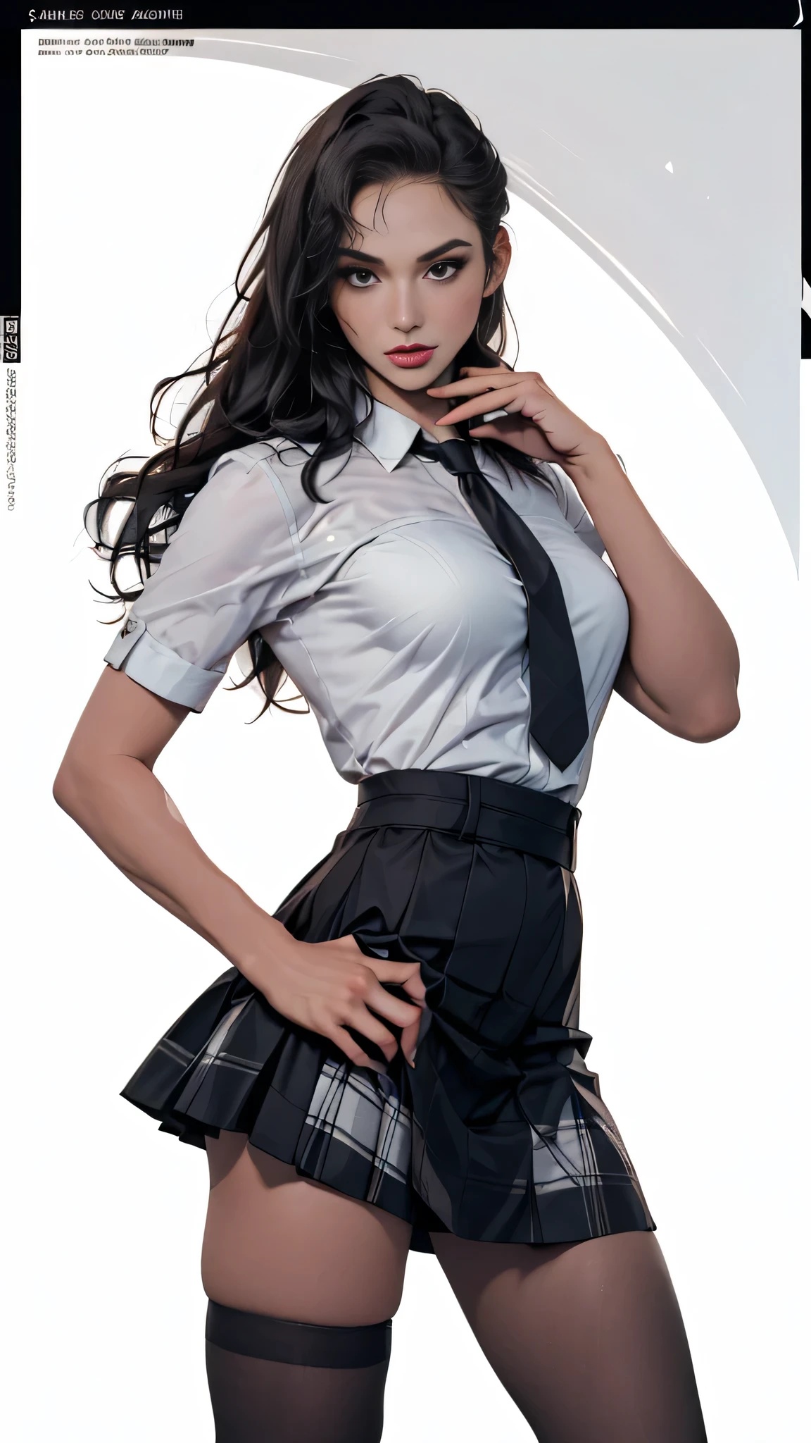 Simple color palettes, Woman 25 years old, elegant, clean, sharp designs, flowing silhouette, (Best Quality,artwork, 8k), (Dressed like a sexy schoolgirl), revealing outfit, short tight skirt, Checkered skirt design, Simple silhouettes, Minimalism, High quality materials, cool and urban print, 