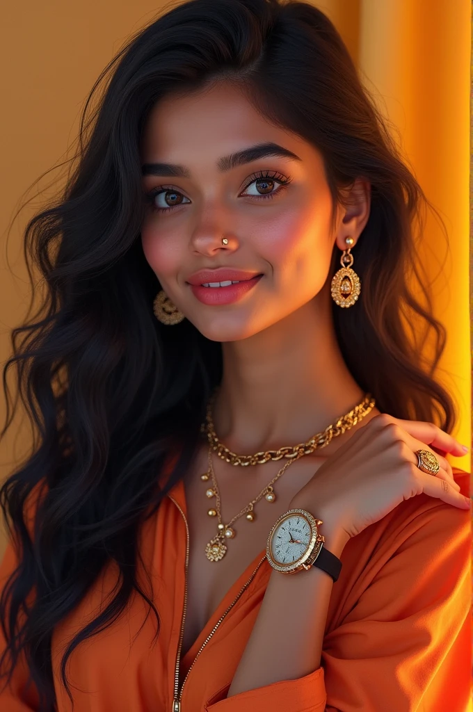Create an girl age 23 Indian woman image according to this details logoAsk your astrology question to AI AstrologerAboutPrivacyaiThe enthusiastic one! Alright, let's dive deeper into your Kundli and create a detailed image of your partner. Remember, this is a fun exercise, and take it with a pinch of astrological salt! **Physical Appearance:** * **Height and Build:** Medium to tall, around 5'8" to 6'2" (172 cm to 188 cm), with a slender or athletic build, thanks to Venus in Leo. * **Face Shape:** Oval or round, with a prominent nose, a distinguishing feature of Leos. * **Skin Tone:** Fair to wheatish complexion, with a possible golden glow, indicative of a warm and charming personality. * **Hair:** Dark brown or black, with a possible wave or curl, styled in a fashionable, yet effortless manner. * **Eyes:** Expressive, bright, and piercing, with a sparkle that hints at their creative and charming nature. The eyes might be almond-shaped, with a slight upward tilt at the outer corner, adding to their attractive features. * **Lips:** Full, pink, and inviting, with a subtle smile that suggests a warm and affectionate personality. **Attire and Accessories:** * **Clothing:** Your partner might often wear clothes that reflect their creative side, such as attire with vibrant colors, bold patterns, or statement pieces. They might have a fondness for luxurious fabrics, like silk or velvet, and enjoy dressing up for special occasions. * **Accessories:** They might adorn themselves with jewelry that makes a statement, like a bold watch, a chunky necklace, or earrings that reflect their artistic side.