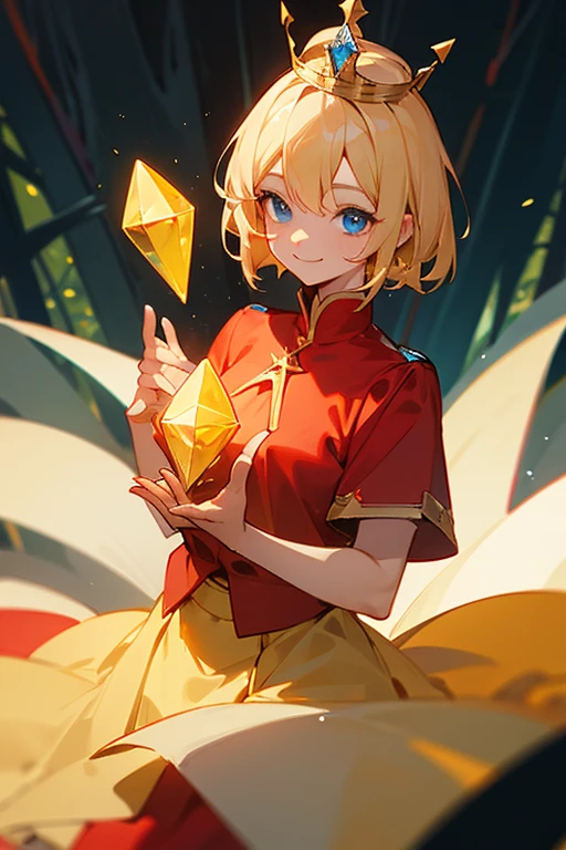 .,blonde hair,blue eyes,short hair,Wear a white crown,,Looking,Red shirt,Yellow skirt,smiling,in the forest,Dress,Holding a diamond with both hands