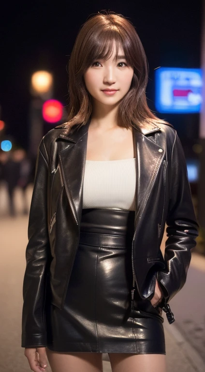 (((Yumikanoku))),((Highest quality, 8k, masterpiece :1.3)), One Girl, smile, whole body, Slim face, Beautiful woman, (Dark brown hair), ((Leather black suit,Black short tight skirt)), Highly detailed face, Detailed eyes, double eyelid, Bokeh Background, Slim face, City of night, Neon Light,outside, Tokyo Street,Japan