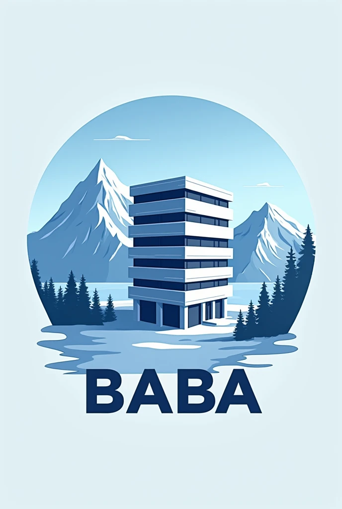 Eye catching logo for cold storage named "baba" add a 5 floored building and icy mountains and the colour combination should be arctic white and icy blue