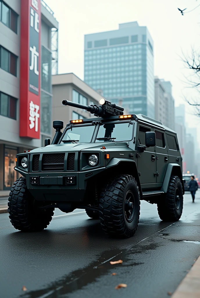 South Korean all-terrain tactical vehicle, transiting in the city of Seoul, equipped with a machine gun in the upper turret, wide angle, octane rendering, volumetric lighting, ultra detailed, intricate details, golden ratio, 3D image, resolution 64K. Photographic style: Canon EOS 90D Camera, lente 50mm, F2 aperture.5