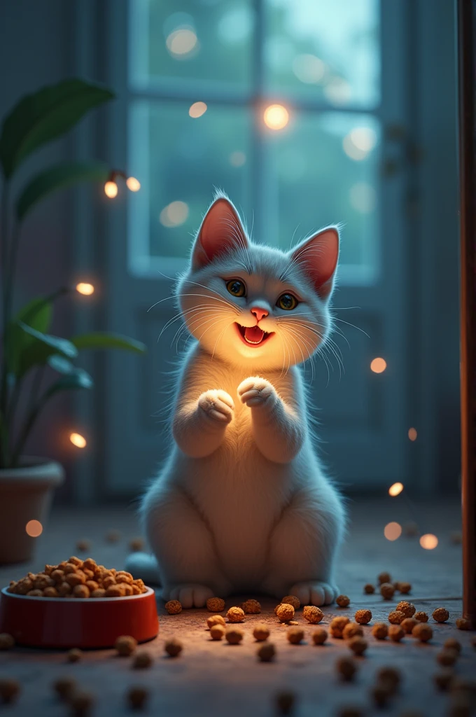 The cat ate the kibble with gusto until it floated and glowed from its mouth. There was cat food next to it.