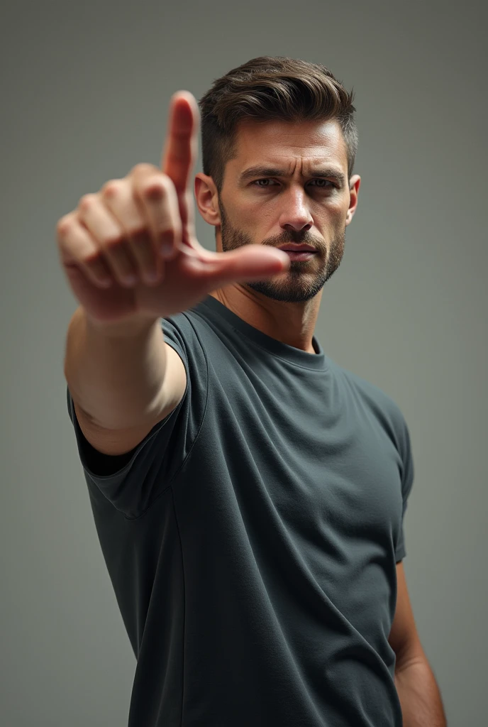 A man wearing a t-shirt he stand our one hand in font side