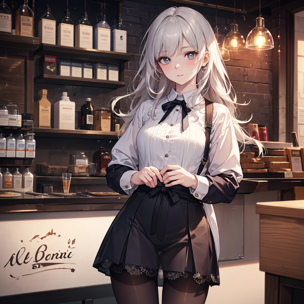 CG, Unity, 8k, wallpaper, Highest quality, masterpiece, Lovely lady, 18-year-old, Gray Hair, White skin, break, (pantyhose:1.3), (Realistic:1.2), Best lighting, Complex pupil, Intricate weaving, Detailed Background,Barista,Pharmacist