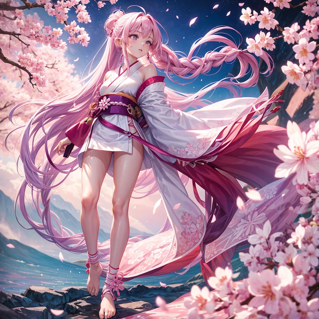 Girl, 17 years old, fair skin, long pink hair braided in a ponytail, purple eyes, white yukata with open legs and sakura petals, slender, beautiful bare feet, black belt, white gloves, red sakura flowers, pink long cloak with a pattern, cherry blossom tattoo on leg, detail, perfect, ankle bracelets