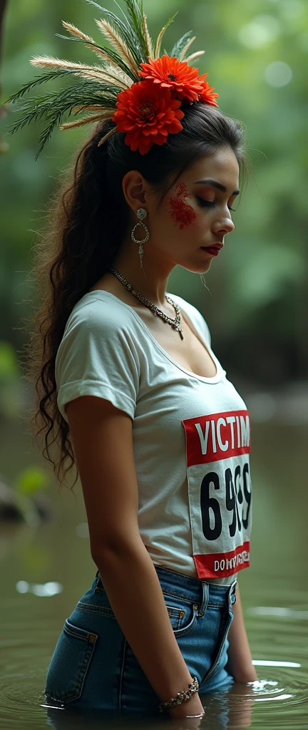extremely detailed beautiful hot woman in jeans and t-shirt, sport small race bib "VICTIM 6969 DO NOT RESCUE", is victim of ritual, drowning in bog, in the middle of a bog, fashion photoshoot posing, sensually touch herself, sexy posing, provocative photoshoot, headdress,traditional indigenous makeup. red, green, blue, side view