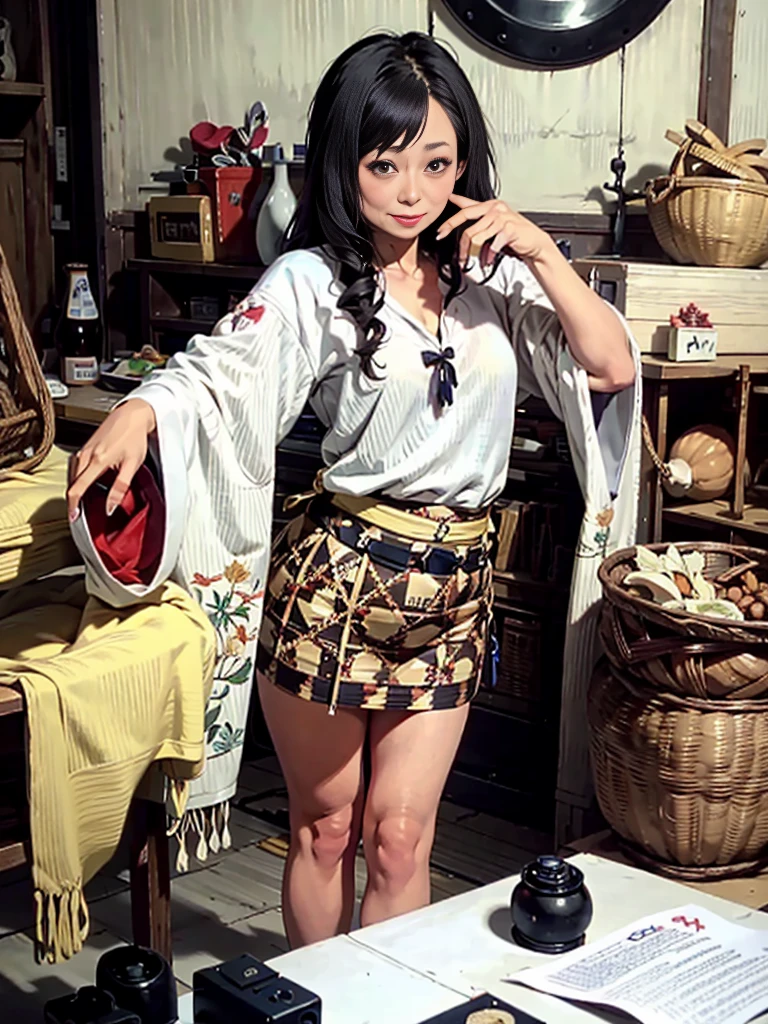 high resolution、high quality、High resolution、masterpiece、detailed、Japanese、Mature One Woman、42 years old、long chestnut hair、looking at the camera、((Are thin:1.3))、Petya pie、bra and black micro miniskirt、cluttered room