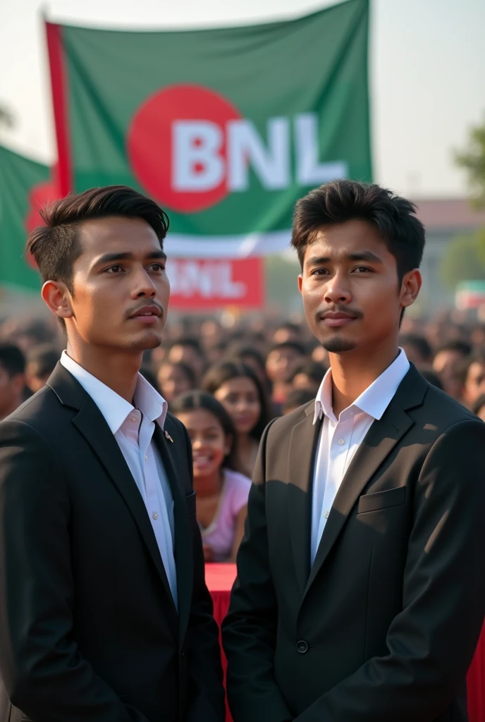 Two male politicians who are aged teenager and wearing suit giving speech and their face in clearly visible from front with teenage students in a wide background in Bangladeshi environment and Bangladesh flag is seen and there's a big banner where BNL is written