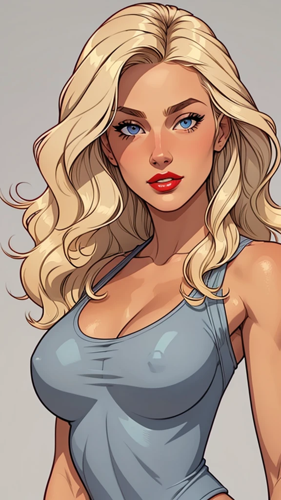 Flat colors,top half body shot, close up of a 25 year old surfer looking girl, tan skin, ([light blueish eyes]) blonde wavy hair, natural beaty, (([beautiful lips, red lipstick])) Beautiful, masterpiece, (([Simple grey background]))
