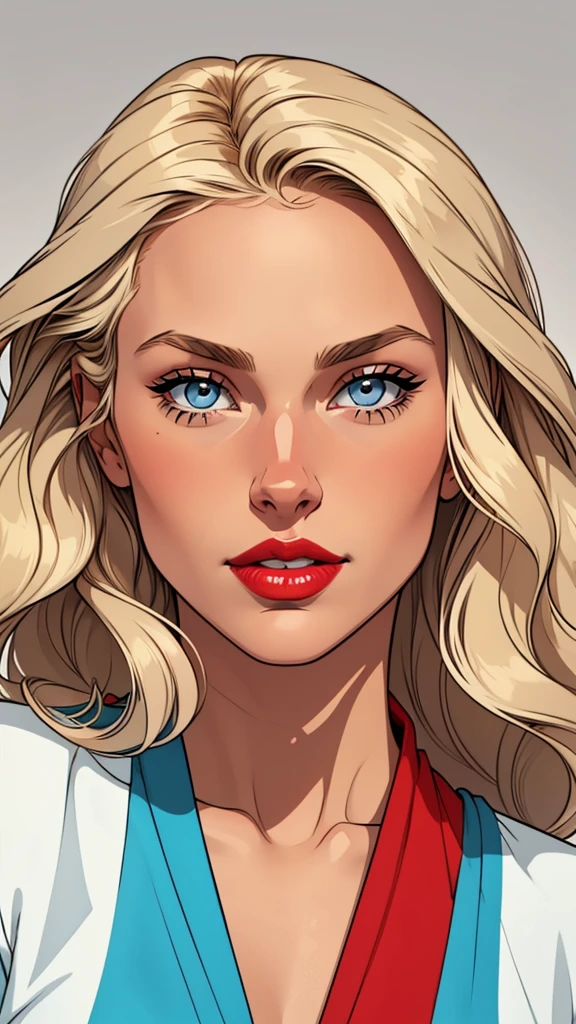 Flat colors,top half body shot, close up of a 25 year old surfer looking girl, tan skin, ([light blueish eyes]) blonde wavy hair, natural beaty, (([beautiful lips, red lipstick])) Beautiful, masterpiece, (([Simple grey background]))
