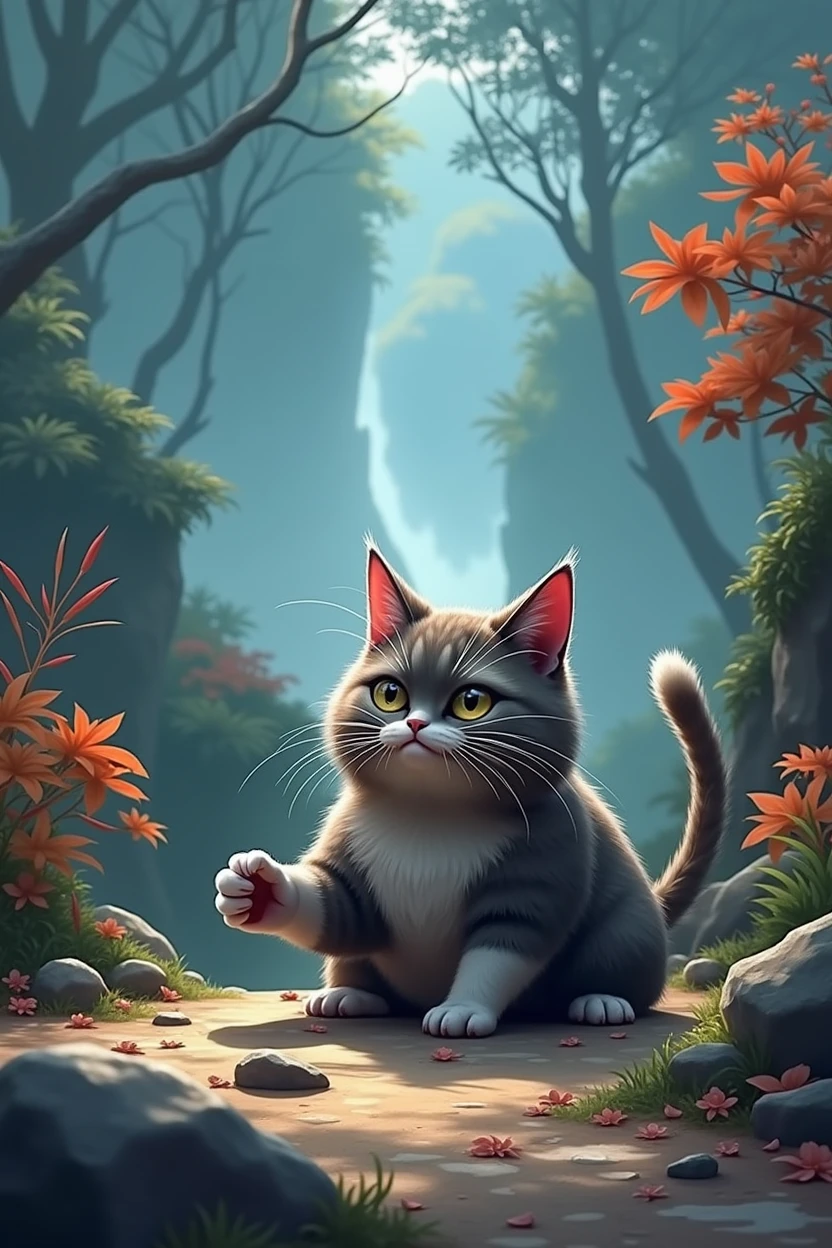 There is a Tai Chi cat in the background with a scared expression