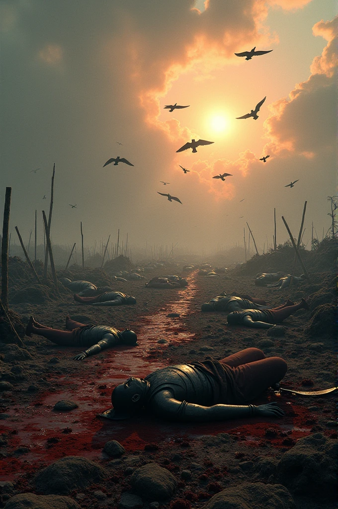 Create a image of the war zone kurukshetra after the next day of Mahabharata war. How was its condition.
