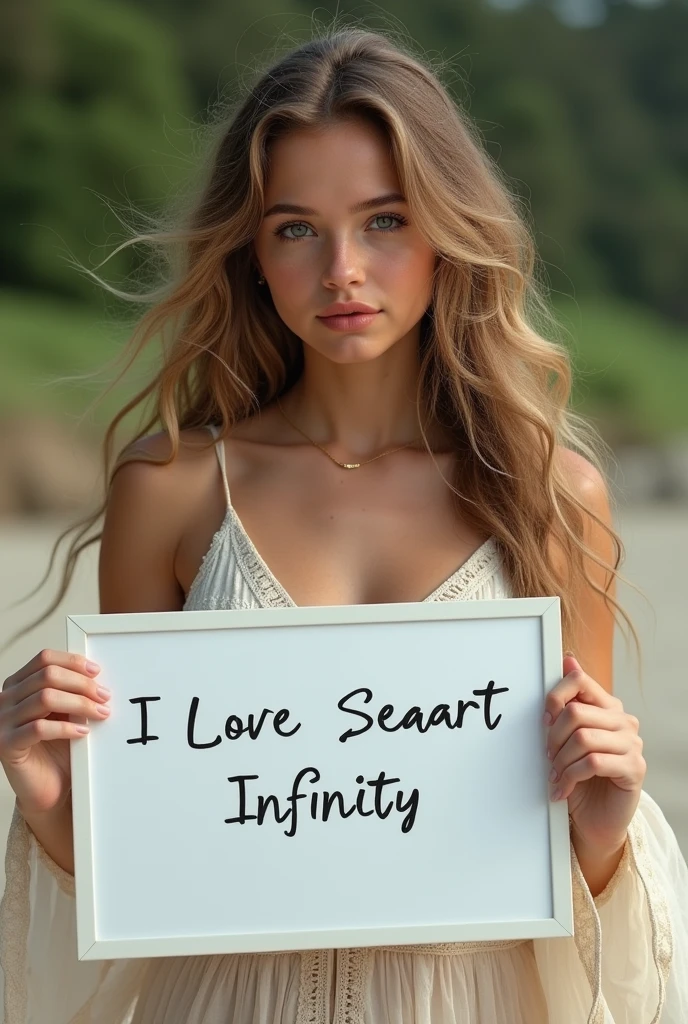 Beautiful girl with wavy long hair, bohemian dress, holding a white board with text "I Love Seaart Infinity" and showing it to the viewer