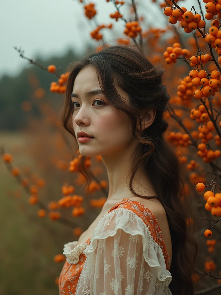 a woman standing in front of a bush with orange berries, a portrait, inspired by Elsa Bleda, digital art, photography alexey gurylev, beautiful girl on the horizon, lovely dark autumn princess, old color photo