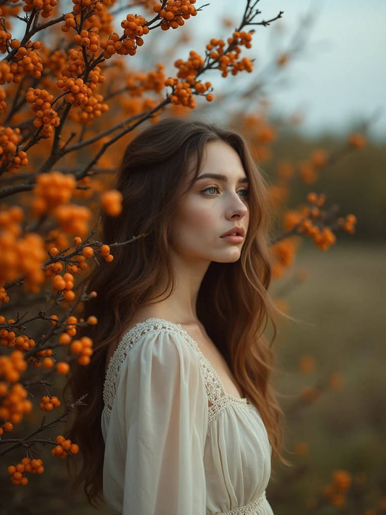 a woman standing in front of a bush with orange berries, a portrait, inspired by Elsa Bleda, digital art, photography alexey gurylev, beautiful girl on the horizon, lovely dark autumn princess, old color photo