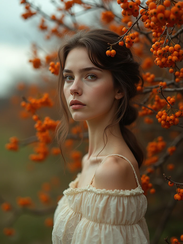 a woman standing in front of a bush with orange berries, a portrait, inspired by Elsa Bleda, digital art, photography alexey gurylev, beautiful girl on the horizon, lovely dark autumn princess, old color photo