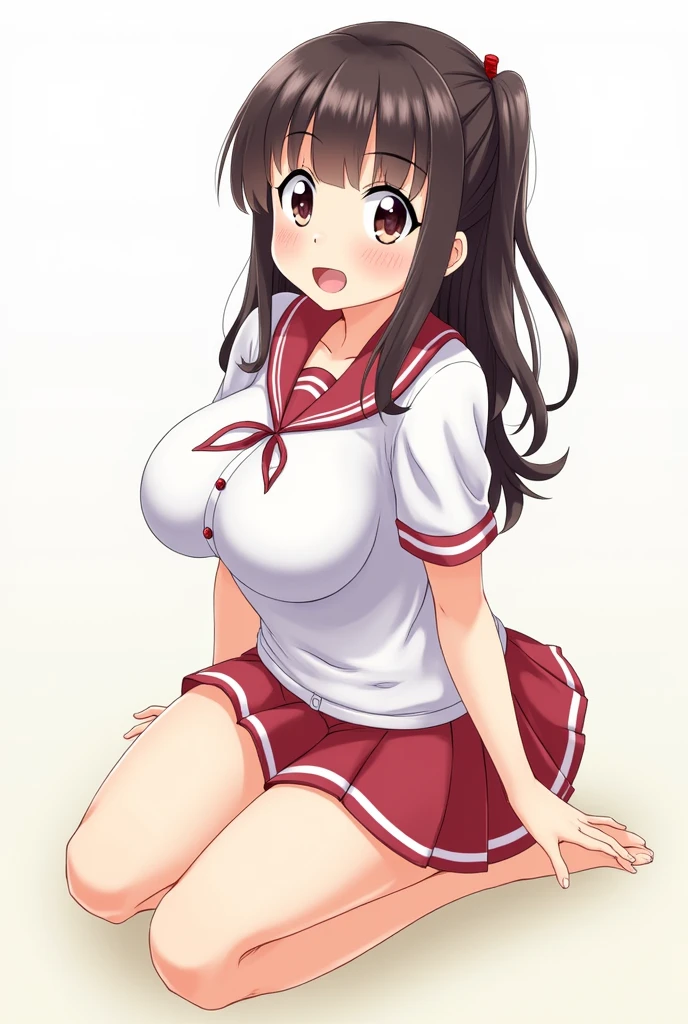 Anime girl in short school uniform and big breasts on all fours with excited face sticking out her tongue and eyes up