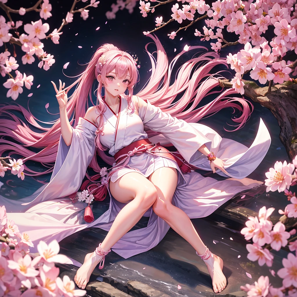 Girl, 17 years old, fair skin, long pink hair braided in a ponytail, purple eyes, white yukata with open legs and sakura petals, slender, beautiful bare feet, black belt, white gloves, red sakura flowers, pink long cloak with a pattern, cherry blossom tattoo on leg, detail, perfect, ankle bracelets