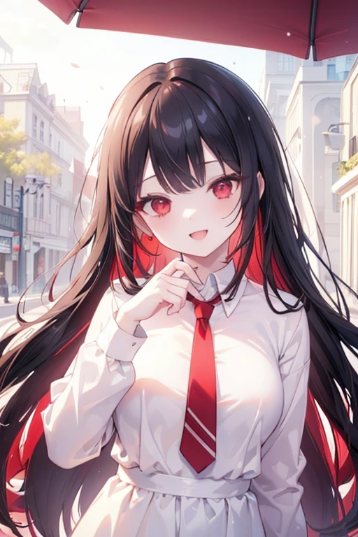 (masterpiece, best quality), intricate details,
1girl,black hair, Red eyes, light red hair, white hair tips,
small breasts, smiling, opened mouth, wear white shirt, long Sleeve shirt, Red checkered shirt, Park background