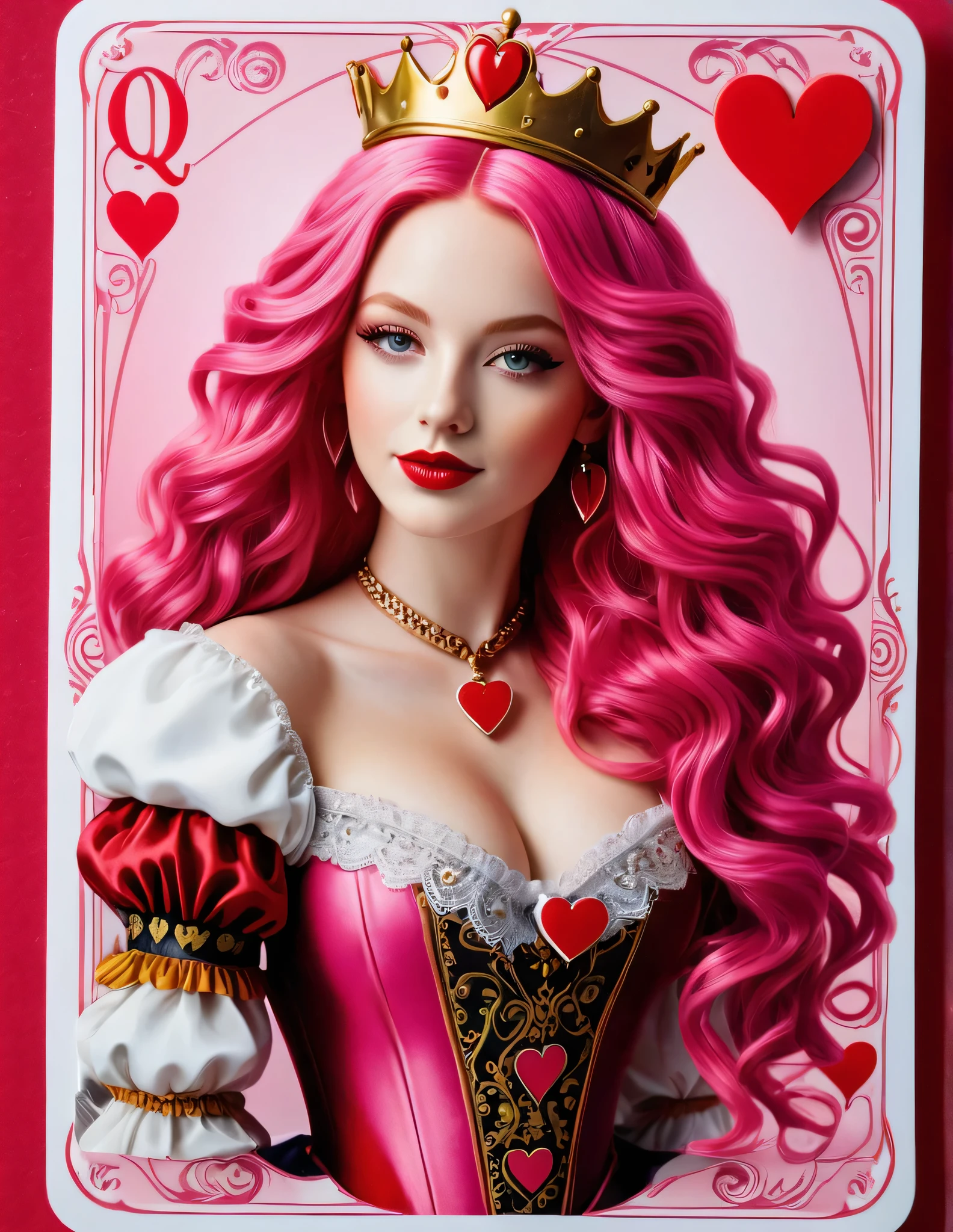 Create a business card with a very attractive 25 year old Caucasian woman, com cabelos longos e ondulados, bright pink, as queen of hearts, Quality of Photo