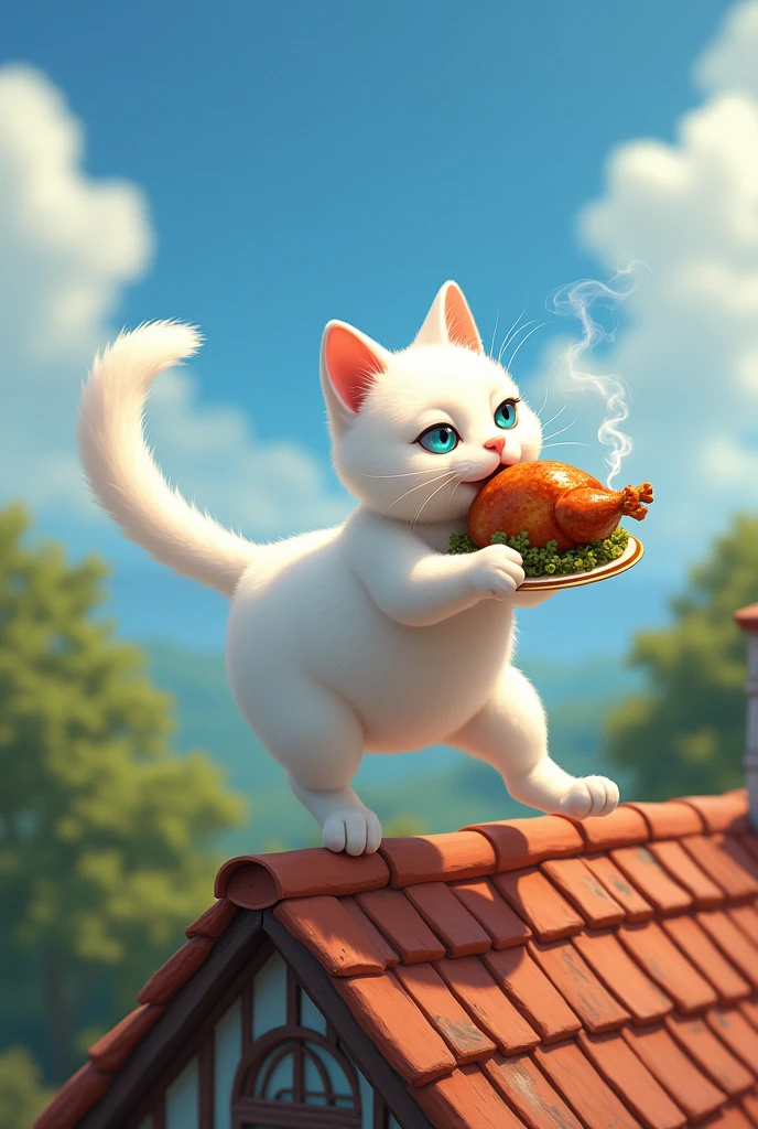 White cat running around stealing roast chicken from a worker on the roof of a house