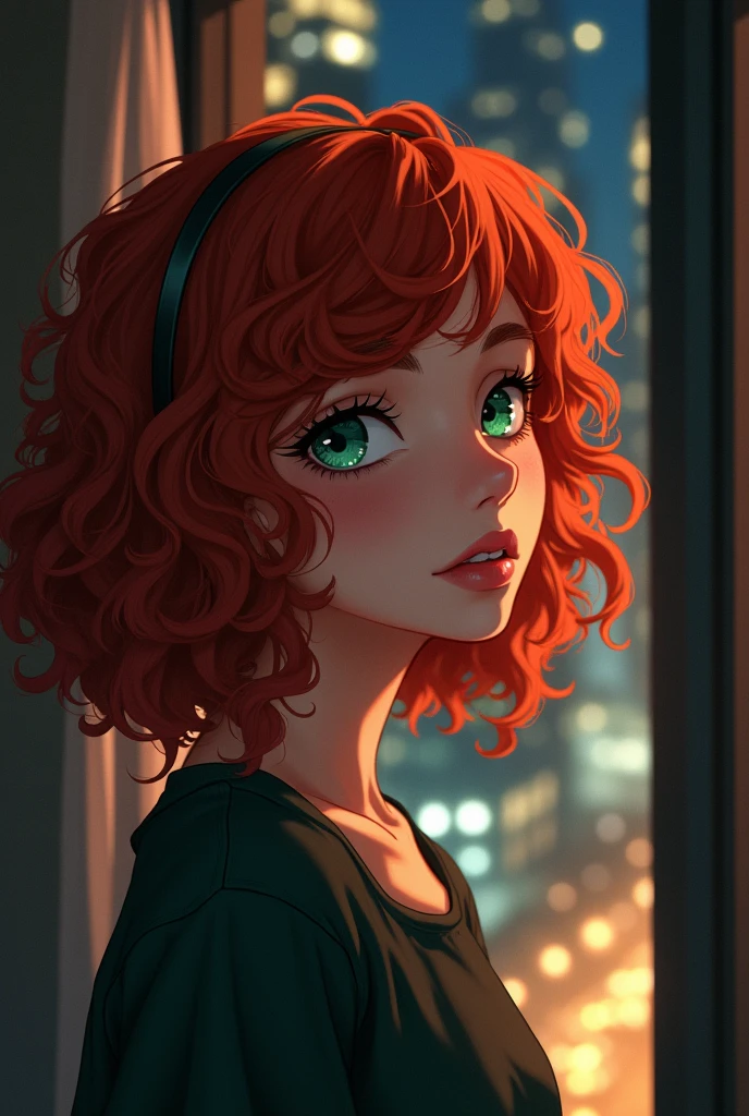 a redheaded curly-haired woman with green eyes and pale skin, near the window of her apartment, city at night, anime style, detailed portrait, cinematic lighting, warm color tones, dramatic shadows, photorealistic, ultra-detailed, 8k, award-winning digital art