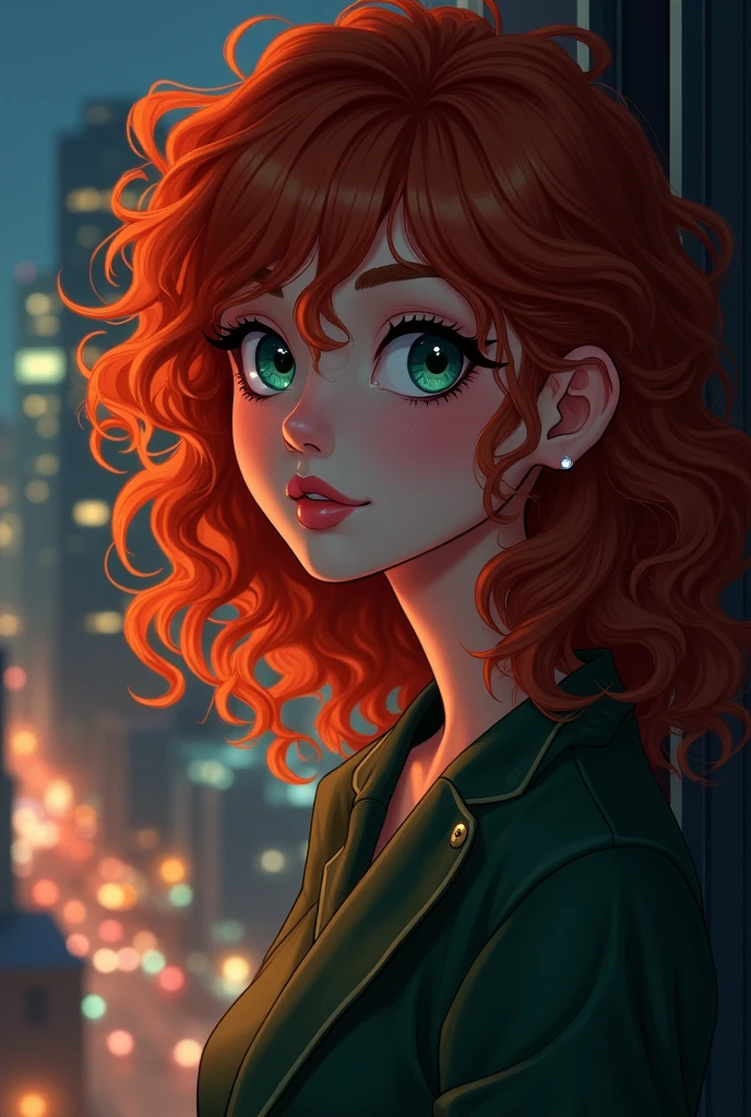 a redheaded curly-haired woman with green eyes and pale skin, near the window of her apartment, city at night, anime style, detailed portrait, cinematic lighting, warm color tones, dramatic shadows, photorealistic, ultra-detailed, 8k, award-winning digital art