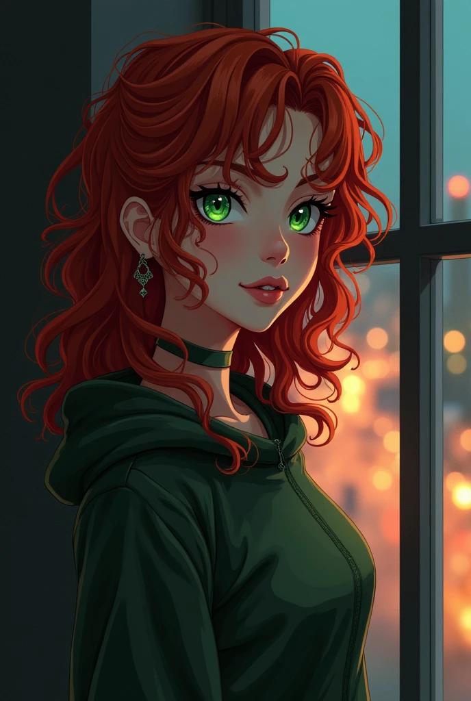 a redheaded curly-haired woman with green eyes and pale skin, near the window of her apartment, city at night, anime style, detailed portrait, cinematic lighting, warm color tones, dramatic shadows, photorealistic, ultra-detailed, 8k, award-winning digital art