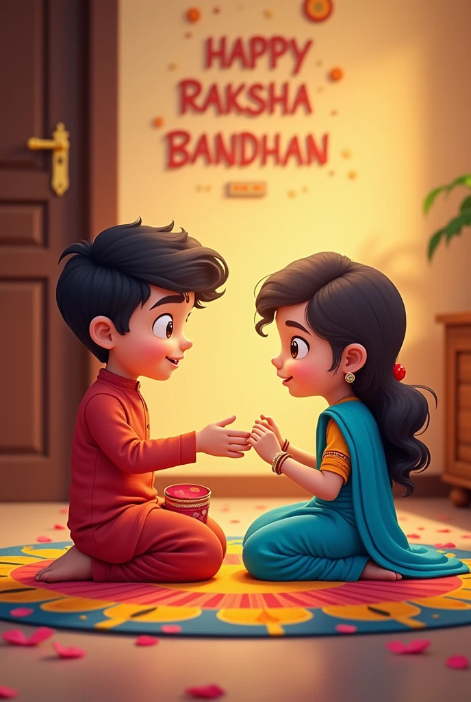 Raksha bandhan photo
A real 25 year old Cute boy and girl are sitting face to 2ace on a colorful mat in the home lobby, the boy has extended one of his hands forward, And Girl tying Rakhi on brother's hand. boy is wearing a Red colored kurta And the girl is wearing a Blue Saari, boy has a gift box in his other hand, is smiling, boy has applied tilak on his forehead, and on the wall in bold letters "HAPPY RAKSHA BANDHAN" "Roshan & PRATIBHA " It is written, 4k image