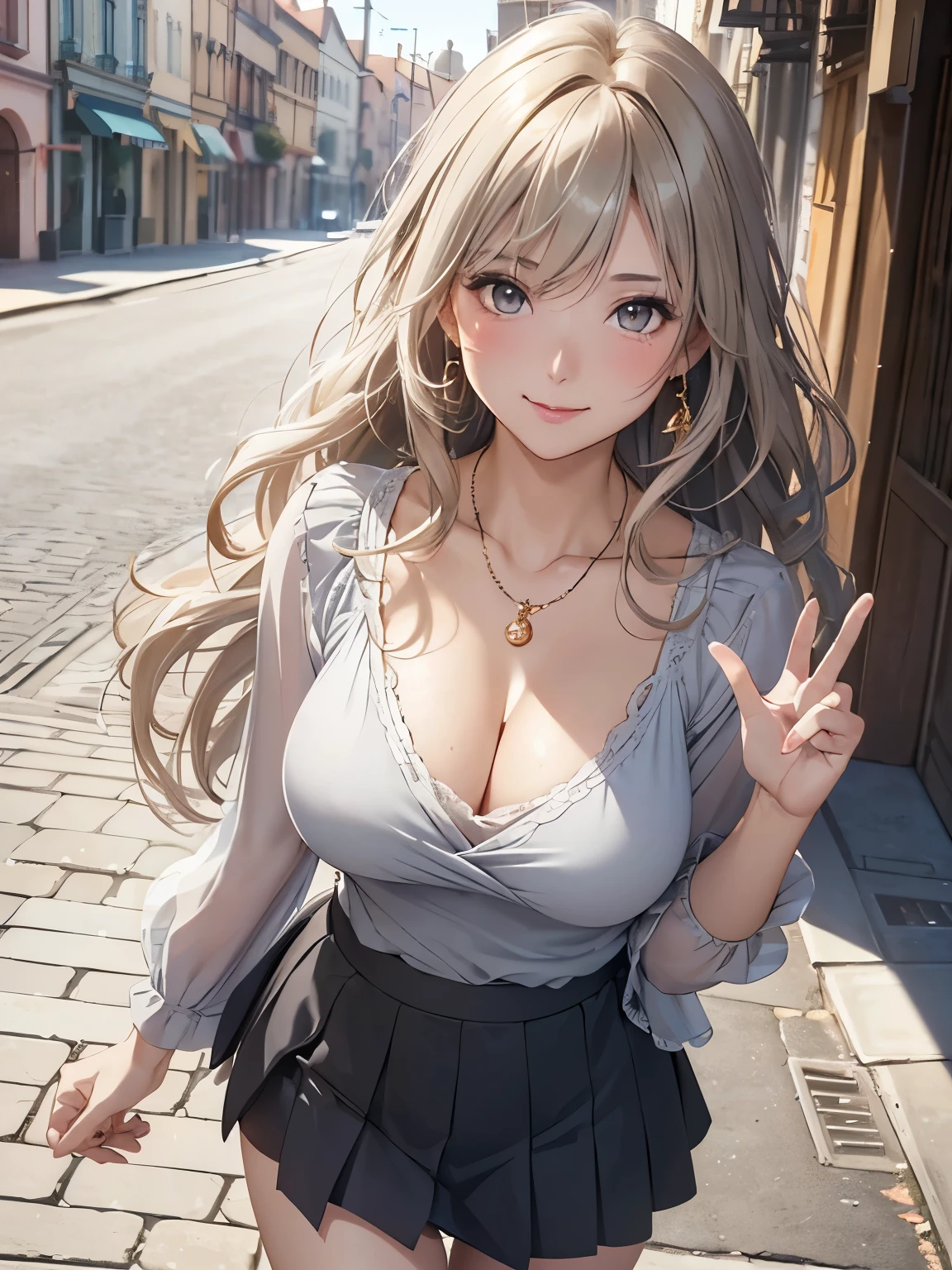 (Top Quality, High Resolution, Masterpiece, 4K), (soft light, shiny hair, beautiful eyes), young woman, full body view, lovely smile, ((long wavy hair, bangs, light colored hair)), ((greedy eyes, gray eyes, perfect eyes)), ((detailed face, blush:1.1)), (( Smooth texture:0.75, Realistic texture:0.65, Realistic:1.1, Animated CG style)), Large breasts, cleavage, seductive body, (random wrap blouse, tight skirt, attractive thighs visible), Pretty necklace, cute earrings, (Walking along the cobblestone streets along the coast), strong sunlight, hand in own hair, showing chest with smiling , from above++, holding sunglasses in mouth, gesture of hair tied back with both hands, dynamic pose