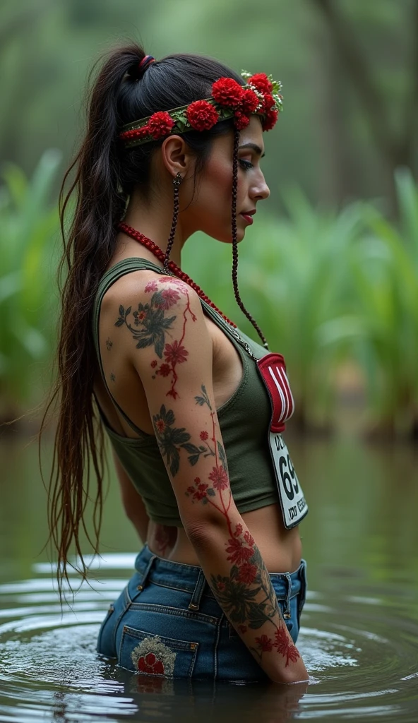 extremely detailed beautiful hot woman in jeans and t-shirt, sport small race bib "VICTIM 6969 DO NOT RESCUE", is victim of ritual, drowning in bog, in the middle of a bog, fashion photoshoot posing, sensually touch herself, sexy posing, provocative photoshoot, headdress,traditional indigenous makeup. red, green, blue, side view
