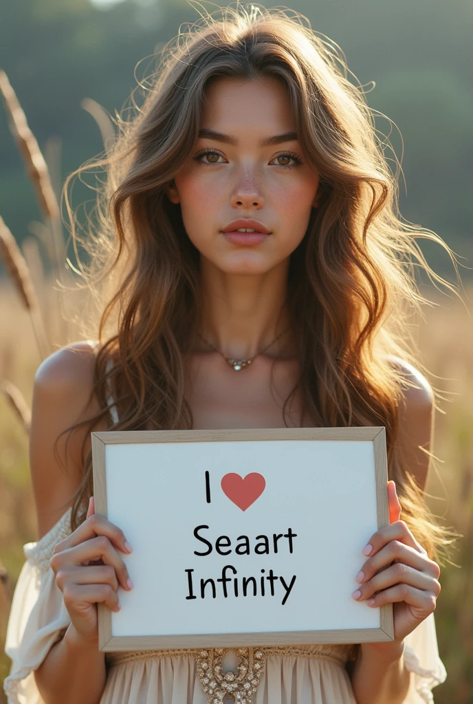 Beautiful girl with wavy long hair, bohemian dress, holding a white board with text "I Love Seaart Infinity" and showing it to the viewer