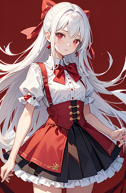 (quality,pixiv, vinegar,1 girl,solitary,earrings,Jewelry,Red Eyes,Red background,Chest,Ribbon,Long hair,Looking at the audience,hair Ribbon,Simple background,like \(destiny\),Sakura Kirito,Bangs,large Chest,Short sleeve,black skirt,red Ribbon,transparent,Residence,skirt,White hair,White hair,Puff sleeves,Buttons,red bow,bow,
