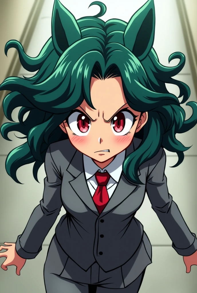 Boku no hero academia screenshot, women, wavy fur, green locks, by rubio,annoyed expression, big red eyes, with a dominant look, grey uniform and red tie, walked, looking at the camera from the front perspective.