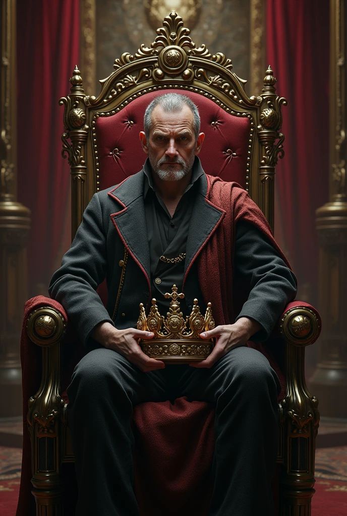 Man with dark circles sitting on a throne looking tired and dominant holding a crown