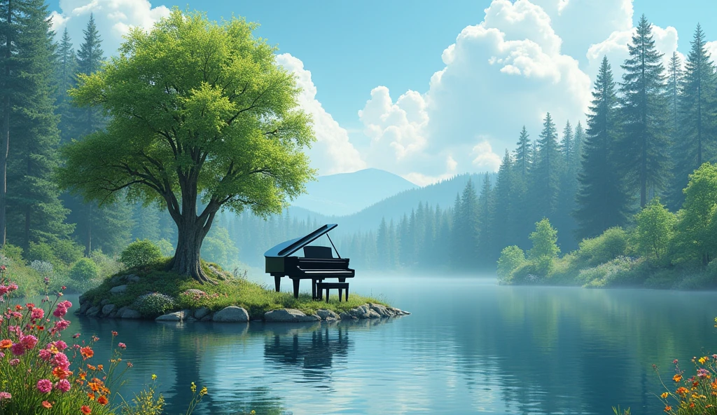 "Black grand piano、It sits on a small island in the middle of a calm, reflective lake.。Blooming flowers all around々and lush greenery spreads out、Tall pine trees in the distance々I can see。Soft fluffy clouds float in the sky、Sunlight pours in、It creates a calm and dreamy atmosphere.。The tranquility of natural scenery、To portray the elegance of the piano in a realistic and detailed way。"
Green foliage tree、A cool, green tree々、Colorful flowers are blooming、A grand piano on an island in the middle of a lake