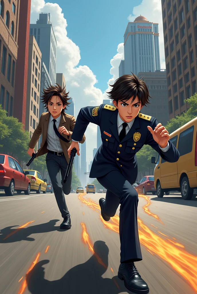 Draw the character of Mako ( from Avatar:The legend of Korra) Chasing the character of Bataar Jr.(De Avatar The legend of Korra) with a gun in his hand
