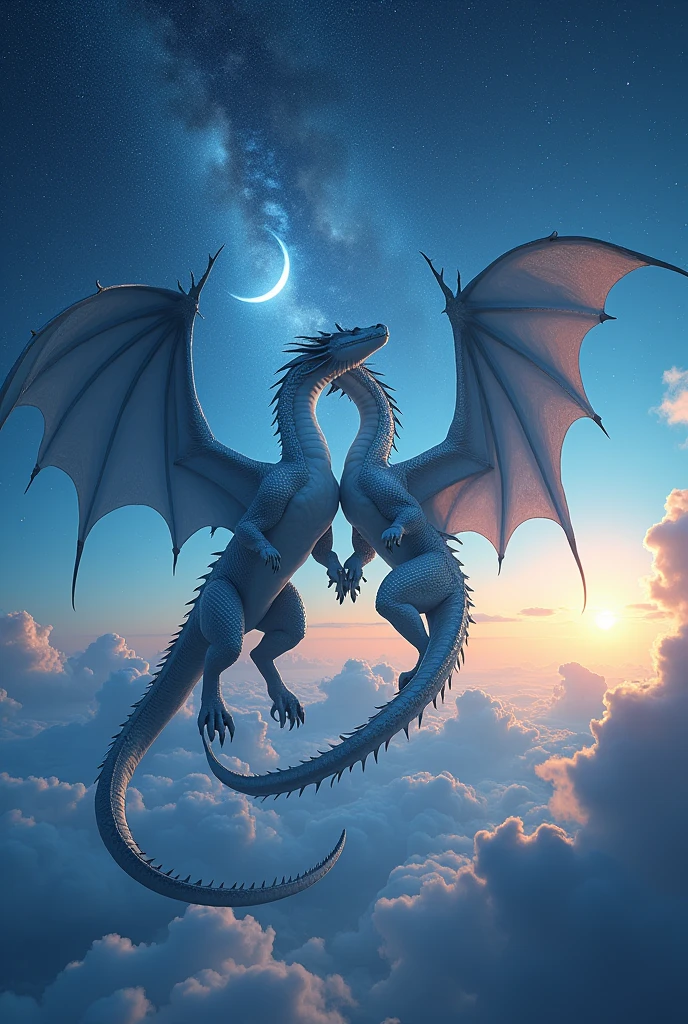 Two dragons flying in the sky. Starry sky, moon and sun