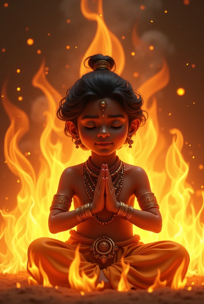 A dark skin indian prince boy wearing necklace sitting inside fire flames doing namaste eyes closed