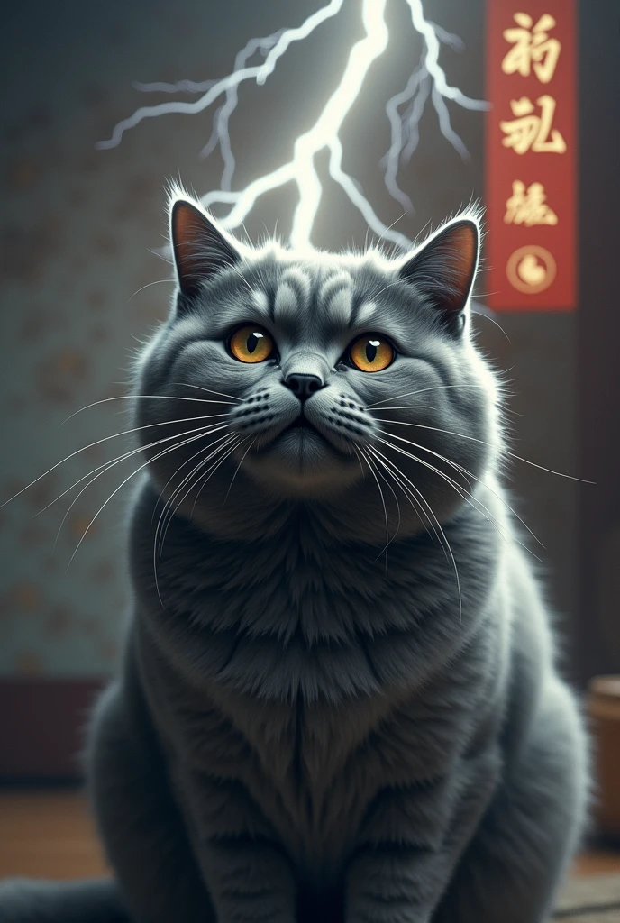 The gray cat understands investment and financial management. The lightning appears and scares the cat. The cat's expression is frightened. The background is Chinese style. There is a K-line chart on the background. There is a Tai Chi chart on the background.