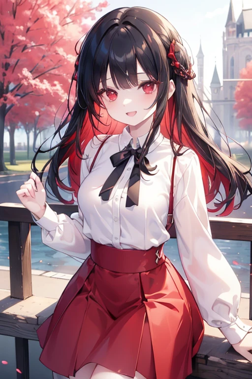 (masterpiece, best quality), intricate details,
1girl,black hair, Red eyes, light red hair, white hair tips,
small breasts, smiling, opened mouth, wear white shirt, long Sleeve shirt, Red checkered shirt, Park background