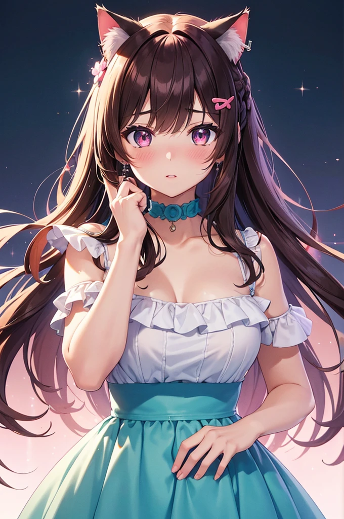 Close-up of a 20 years old girl wearing a dress and cat ears, anime girl, frilled pastel colored summer dress, choker, big rounds breasts, dark brown hair, gradient bangs with red tips, french braid, bangs over shoulder, long hair, wavy hair, shiny hair, hairclip, hair flower, aqua eyes, pupils sparkling, glowing eyes, earrings, cat ears, shy, blush, nervous, puckered lips, nose blush, glossy lips, high detail, anime, anime style, cinematic lighting, dithering, image fill, first-person view, perspective, Wide-Angle, f/1.8, 85mm, Sony FE GM, 8k, super detail, UHD, retina, masterpiece, accurate, anatomically correct, textured skin, high details, best quality, highres, 16k