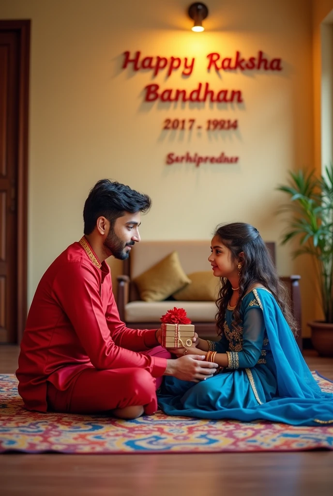 Raksha bandhan photo
A real 25 year old Cute boy and girl are sitting face to 2ace on a colorful mat in the home lobby, the boy has extended one of his hands forward, And Girl tying Rakhi on brother's hand. boy is wearing a Red colored kurta And the girl is wearing a Blue Lehanga, boy has a gift box in his other hand, is smiling, boy has applied tilak on his forehead, and on the wall in bold letters "HAPPY RAKSHA BANDHAN" "Roshan & PRATIBHA " It is written, 4k image