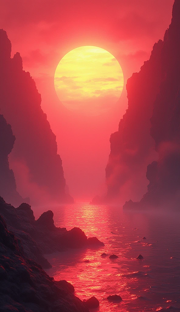 ((Masterpiece))((beautiful))((realistic))the red fire of the Oren pink sun on yellow liquid pink thunder,size 4MB