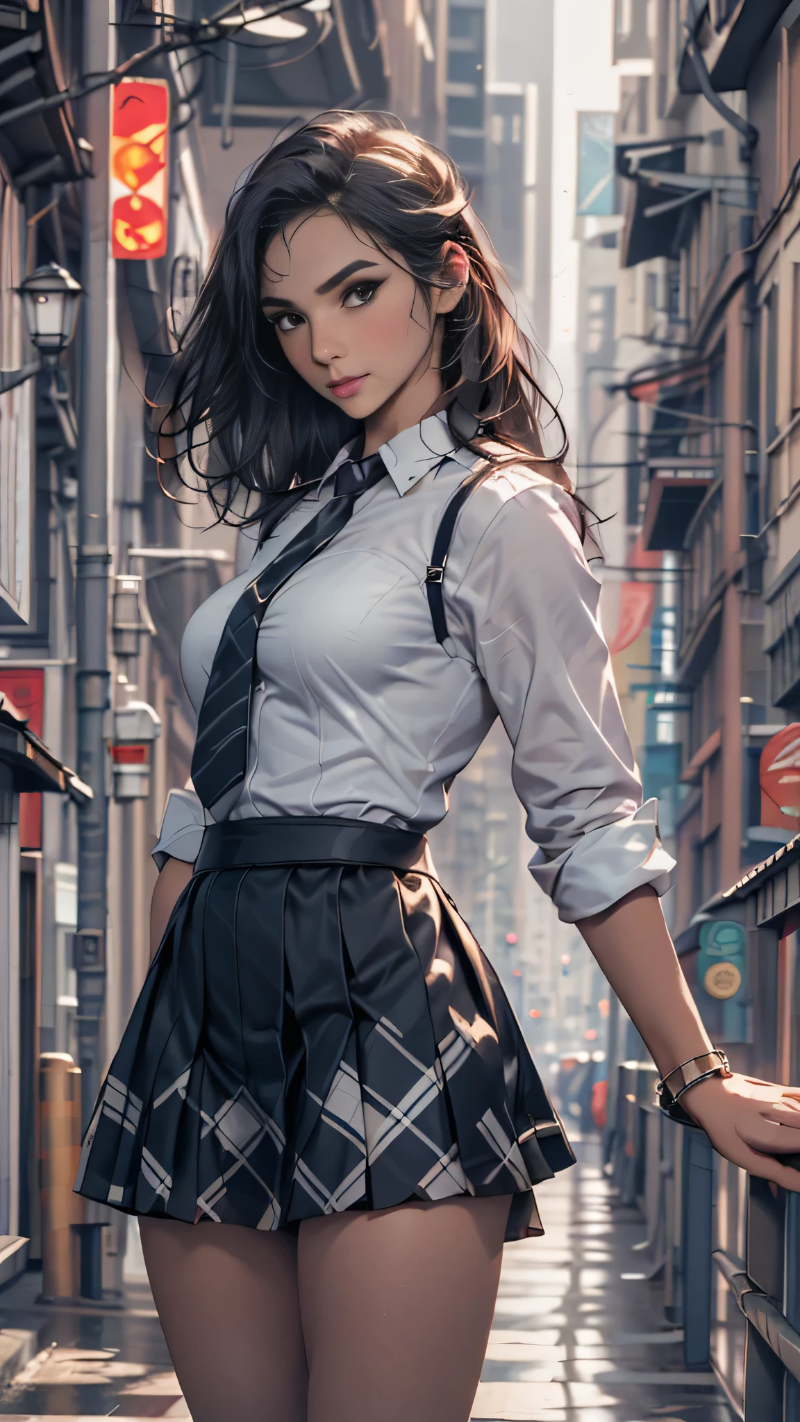 Simple color palettes, Woman 25 years old, elegant, clean, sharp designs, flowing silhouette, (Best Quality,artwork, 8k), (Dressed like a sexy schoolgirl), revealing outfit, short tight skirt, Checkered skirt design, Simple silhouettes, Minimalism, High quality materials, cool and urban print, 