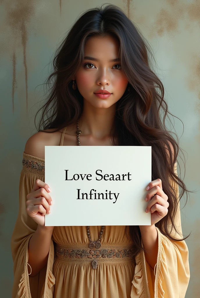 Beautiful girl with wavy long hair, bohemian dress, holding a white board with text "I Love Seaart Infinity" and showing it to the viewer