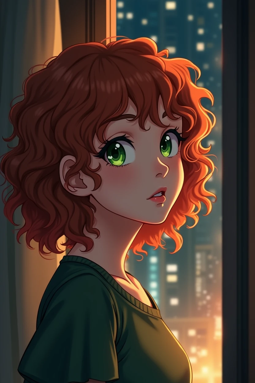 a redheaded curly-haired woman with green eyes and pale skin, near the window of her apartment, city at night, anime style, detailed portrait, cinematic lighting, warm color tones, dramatic shadows, photorealistic, ultra-detailed, 8k, award-winning digital art
